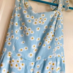 Pale blue daisy ruffle smocked summer jumpsuit